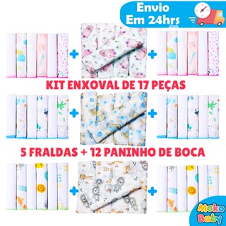 Kit Enxoval 17 Peças 5 fraldas 60cmx60cm + 12 paninho de boca 30cmx30cm 100% algodão