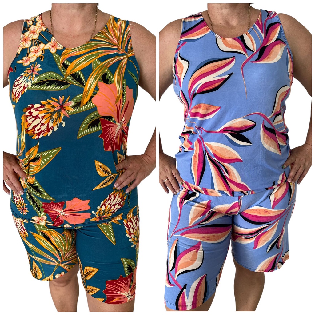 Kit 2 Conjuntos Feminino Estampado em Malha Fria Plus Size Liganete
