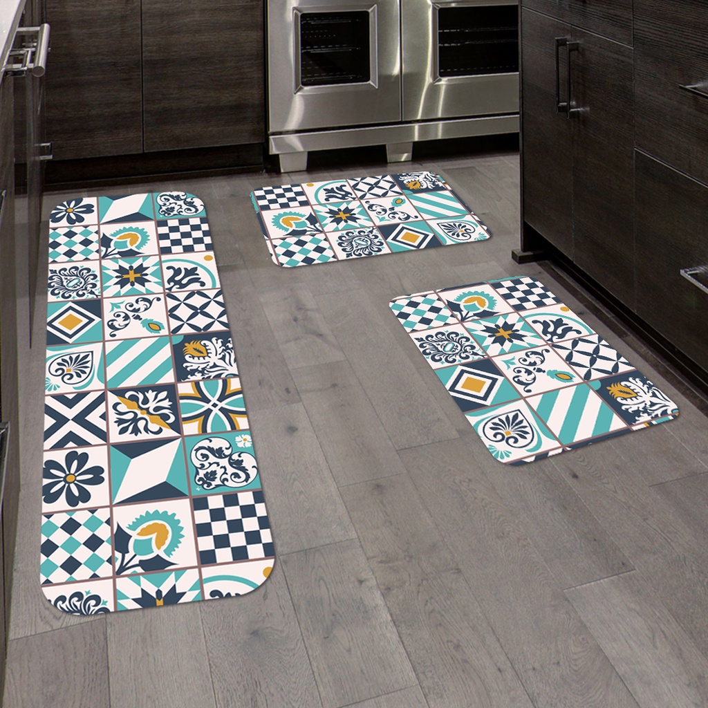 Kit Jogo 3 Peças de Tapete para Cozinha Azulejo Azul Antiderrapante Dcorô