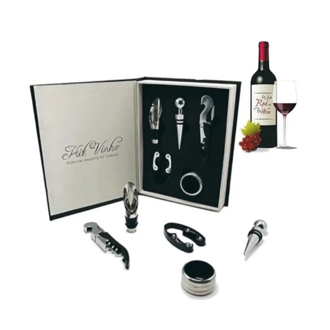 Kit Acessorios em inox de Vinho Sommelier em estojo Luxo na forma de Livro 5 peças