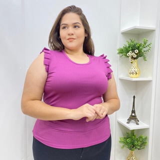 Blusa feminina canelada com babado PLUS CIZE em Oferta na Shopee