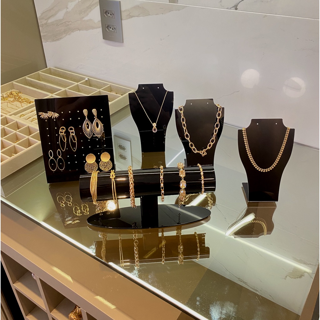 Kit Expositores Mostruário de Bracelete Pulseira Relógio e Expositor Brinco 72 furos Acrílico Preto