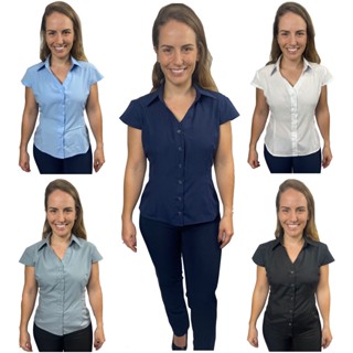 Camisete Social Feminina Acinturado Manga japonesa Uniforme Administrativo Escritório Secretaria