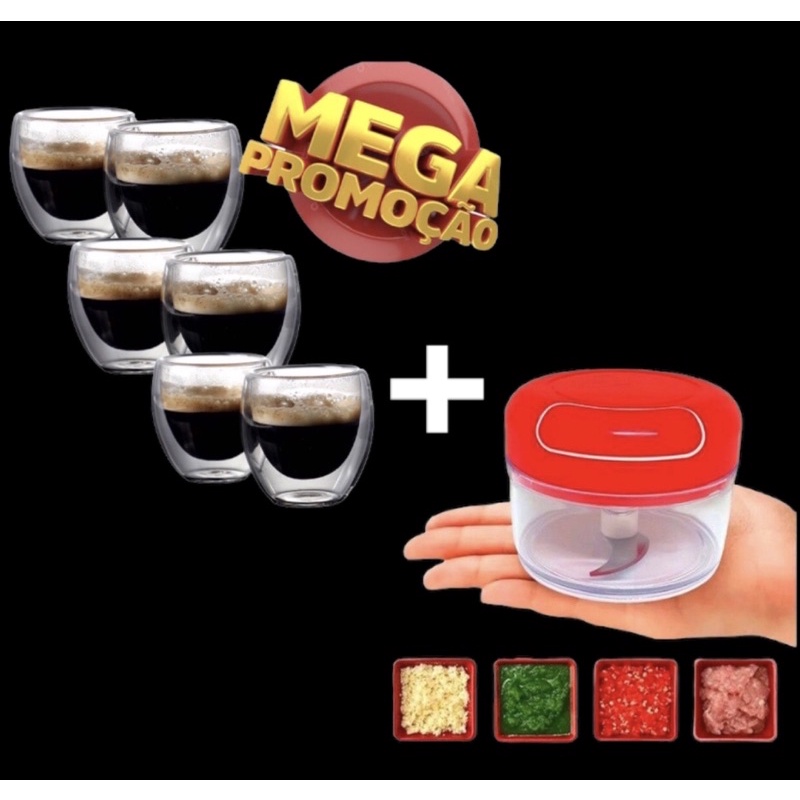Kit 2 Copos Parede Dupla de Vidro Café Expresso da Linha Cozinha + Mini Processador de Alimentos Vermelho Alho Triturador 123 Util 200 ML Manual com 2 Laminas em Inox