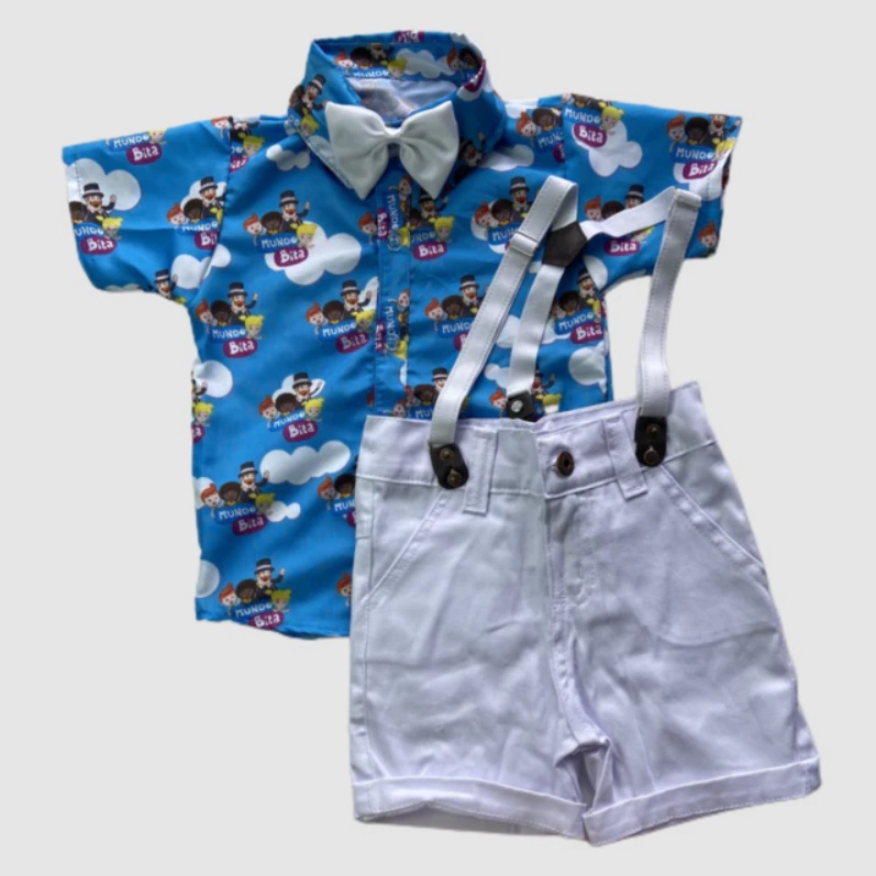 Conjunto Temático Mundo Bita Roupa Infantil, roupa de criança menino, roupar para festa, blusa com suspensório  gravata