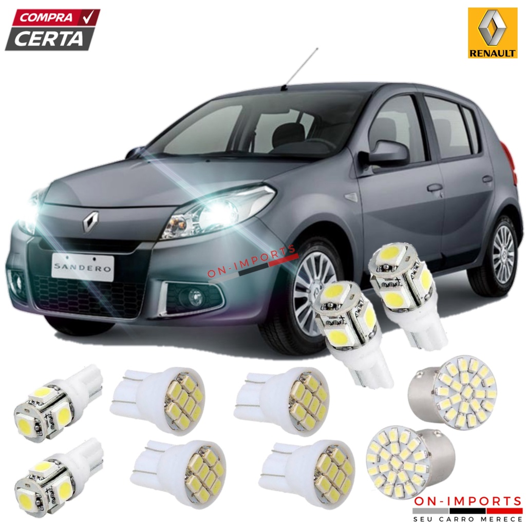 LED PREMIUM RENAULT SANDERO LÂMPADAS RÉ PLACA TETO FAROL FAROLETE MEIA LUZ ESTACIONAMENTO T10 TORPEDO PINGO POLO