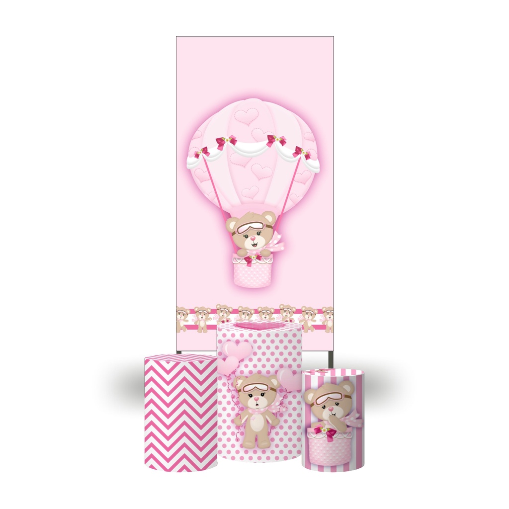 Kit Painel Lateral Retangular Sublimado Em Tecido + Trio Capas Cilindro Ursinha Baloeira