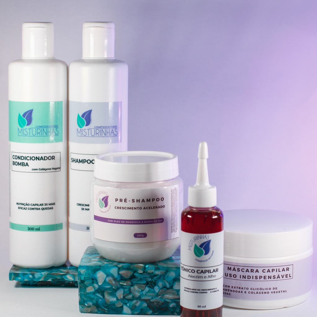 Kit Crescimento Capilar - 1 Shampoo e condicionador Bomba + 1 Pré Shampoo + 1Tônico Capilar + 1Mascara + 1 KitCronograma