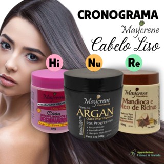 Cronograma Cabelo Liso 3x500g Liso por mais tempo (Desmaiados e Disciplinados, Argan Branco, Mandioca e Óleo de Ricinus) Maycrene