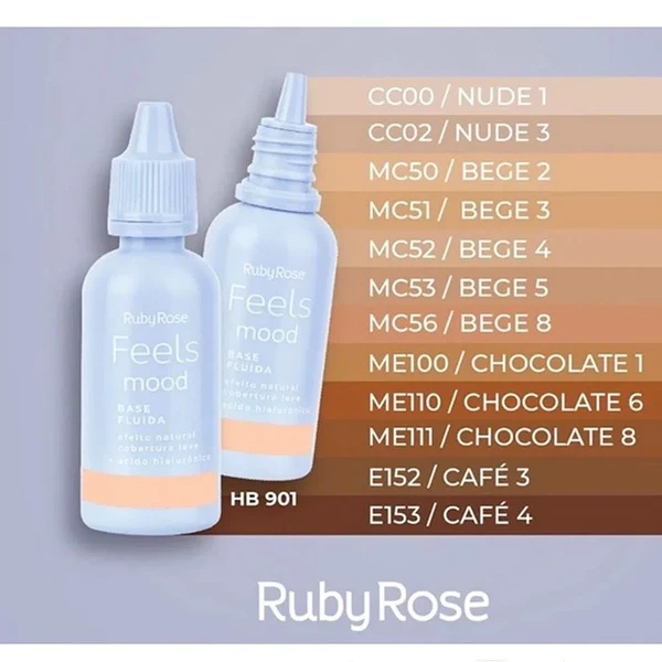 Base Facial cobertura leve Fluida efeito Natural Feels Mood com Ácido Hialurônico Ruby Rose Maquiagem 25g