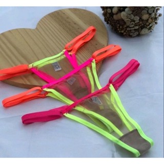 Kit 3 Calcinha Neon Fio Dental Bicolor Tanga Em Tule Com Regulagem Lateral