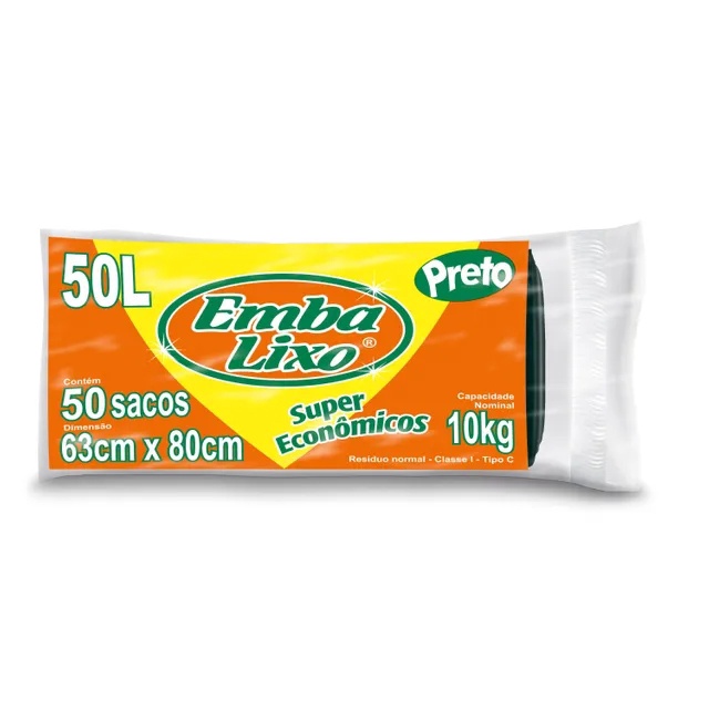 Saco para lixo Super Econômico Preto 50 Litros C/50 p/10KG  - Embalixo