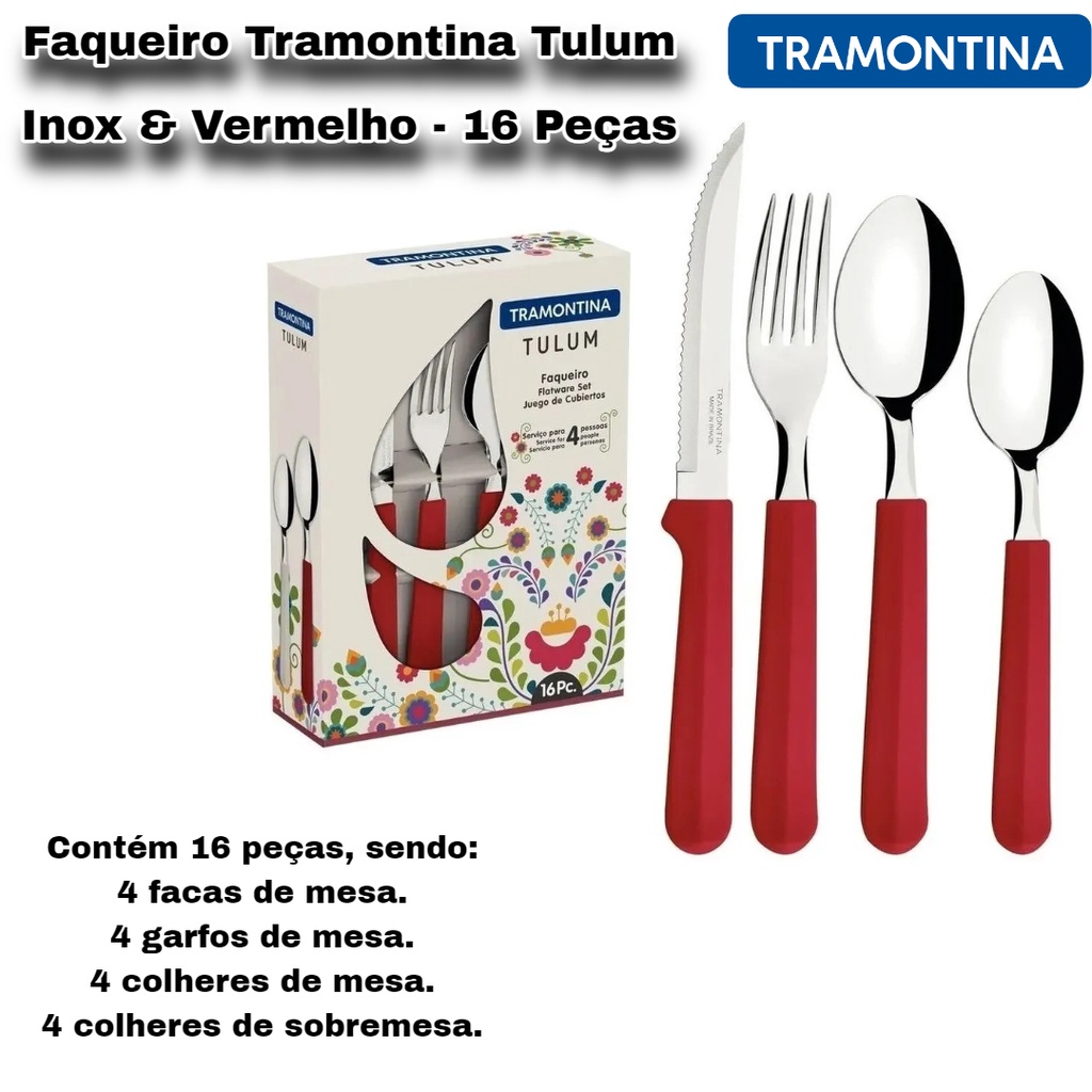 Faqueiro Tramontina Tulum Inox & Vermelho - 16 Peças - Enxoval - Jogo de talheres (faca / garfo / colher)