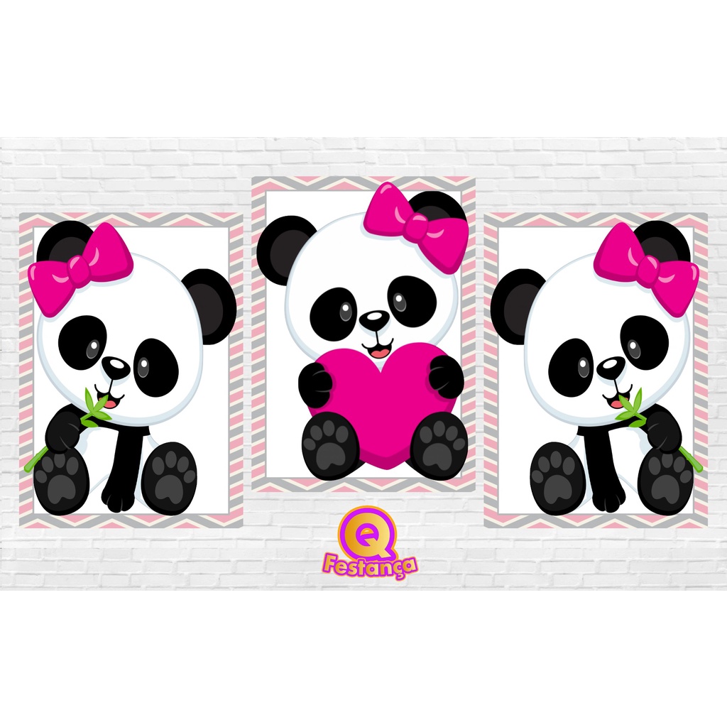 Poster Panda Rosa 30x40cm - KIT COM 3 POSTER - Decoração de Aniversário, Painel, Enfeite de Festa de Aniversário, Panda Rosa, Panda Fofos