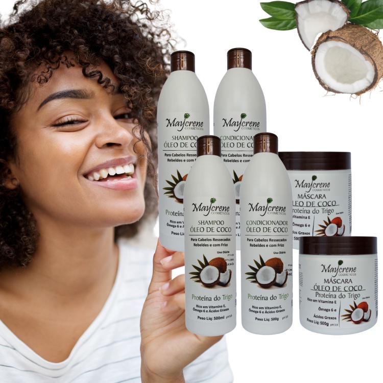 2 Kits Óleo De Coco Para Cabelos Ressecados - Maycrene 6 Produtos (2 Shampoo, 2 Condicionador e 2 Máscara)