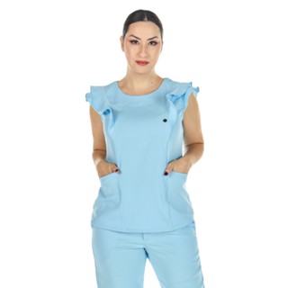 Blusa Scrub Feminino Babados Azul Bebê Uniforme Casual Profissional Clínica Consultório Esteticista Salão de Beleza