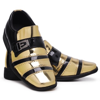 Sapato Social Infantil Masculino Italiano 443 Dourado com Preto Verniz Conforto Casual Moderno em Oferta na Shopee