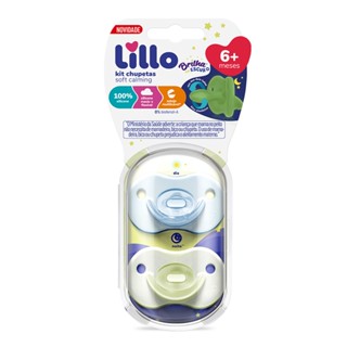 Kit de Chupeta 100% Silicone Calming Brilha no Escuro Bico Simétrico 6+ meses Lillo Azul