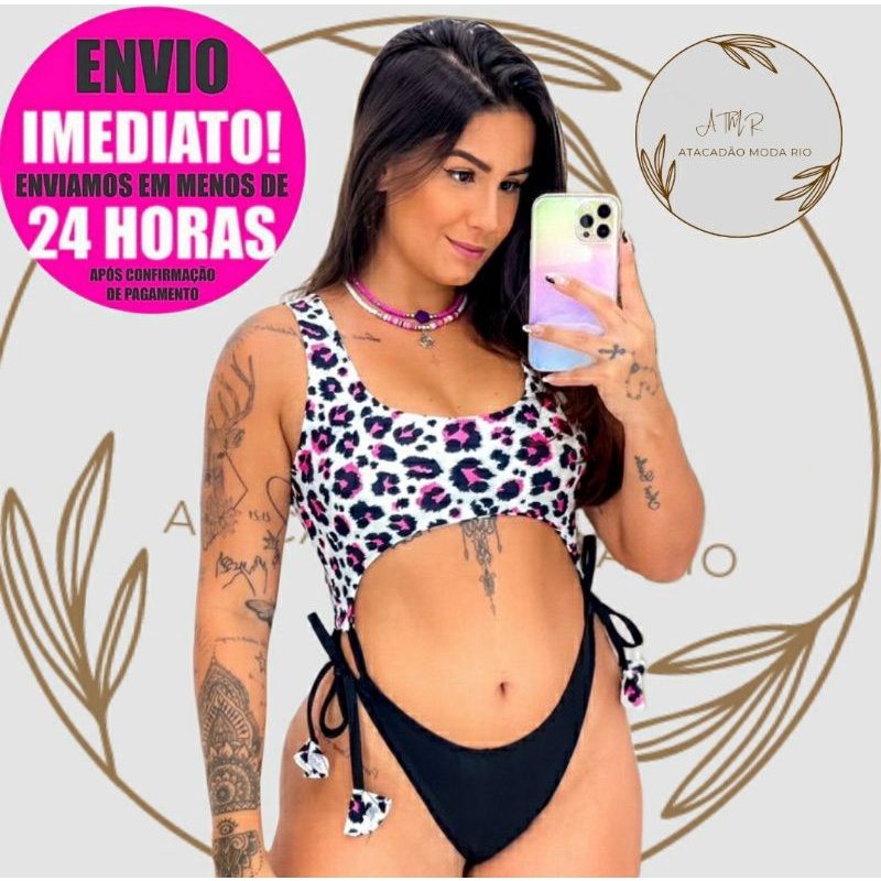 Body Biquíni Maiô Blogueirinha Animal Print onça em Oferta na Shopee