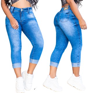 Calça jeans feminina Cintura alta Capri Elastano Lycra Barra Dobrada Clara