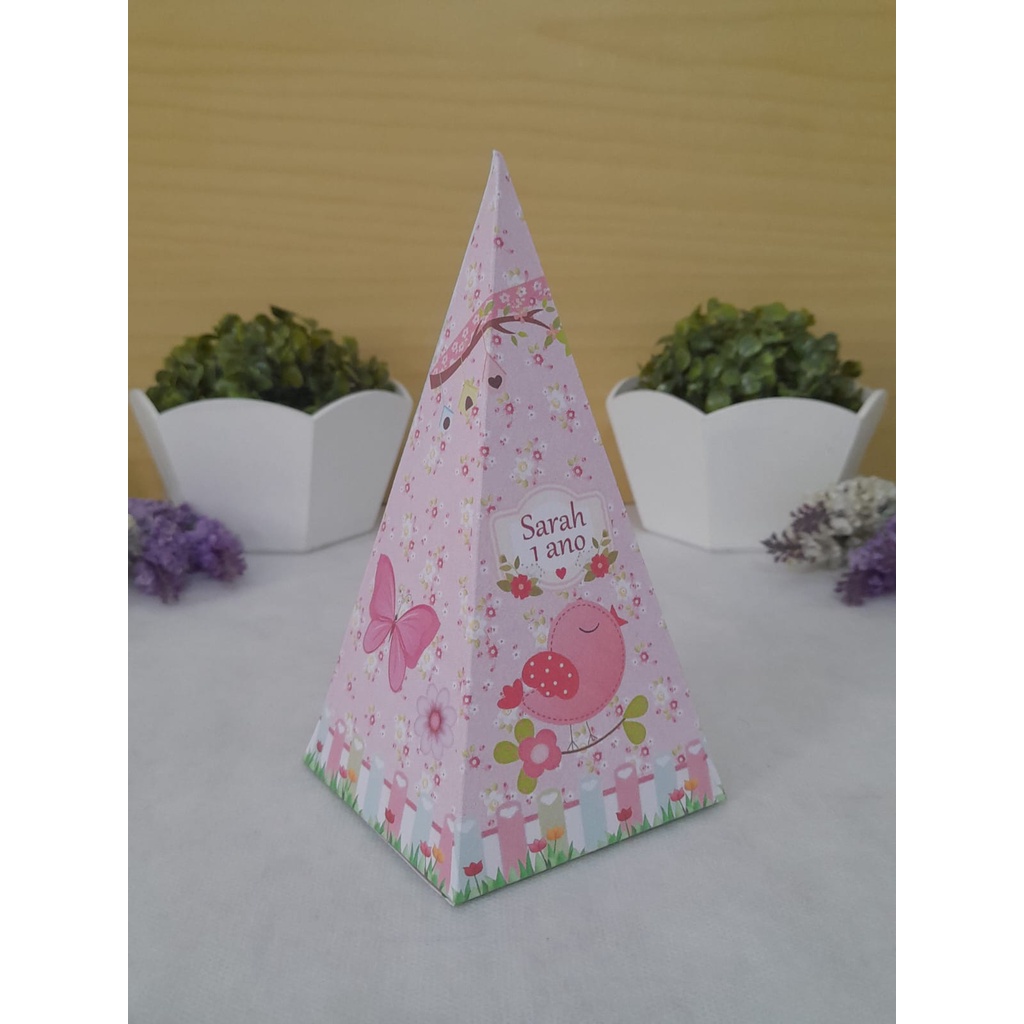 Caixa Pirâmide Tema Jardim Encantado Floral Rosa - Lembrancinha Personalizada para Festa Infantil