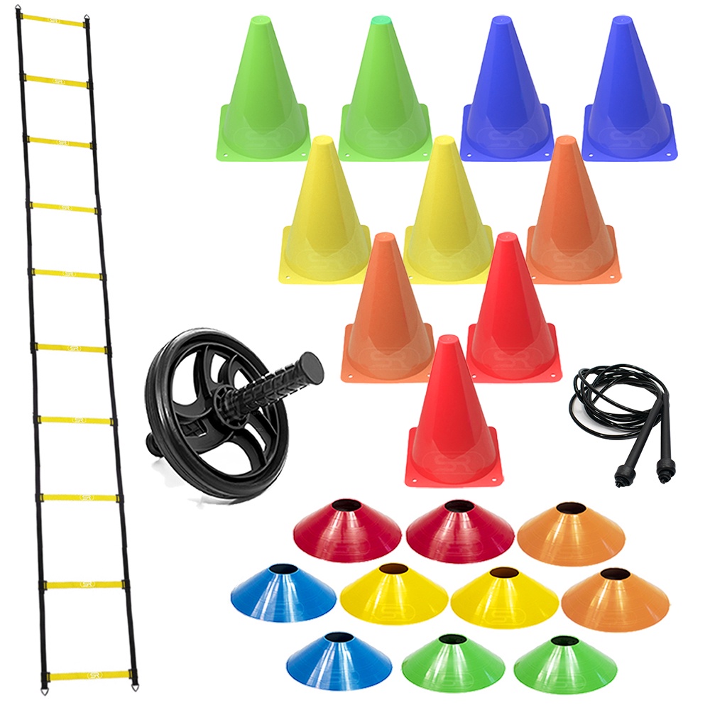 Escada Funcional + 10 Cones De Agilidade + 10 Pratos Chinês + 1 Roda Abdominal Funcional + Corda De Pular