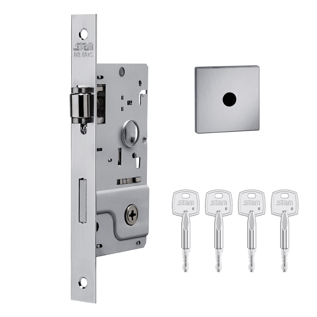 Fechadura Stam Rolete 800 Tetra Chave Porta Pivotante Roseta Quadrada Inox Escovado