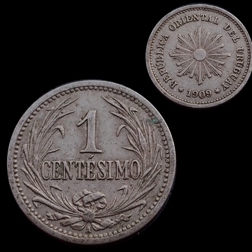 Moeda antiga Uruguai 1 centésimo 1909. L.: 0250