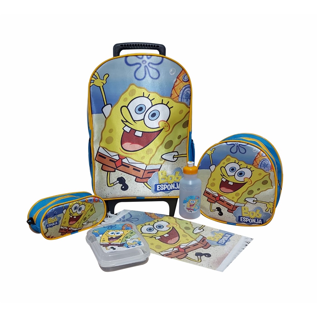 Mochila escolar BOB esponja kit com mochila grande com carrinho estojo lancheira