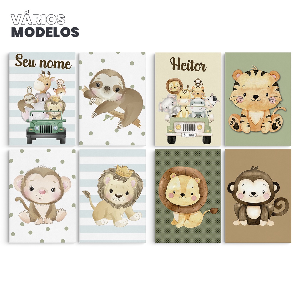 Kit 4 Placas Quadro Decorativo Personalizado Nome Quarto Infantil Bebê Safari