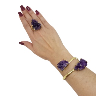Conjunto Bracelete e Anel Regulável em Pedra Natural Drusa de Ametista Banhado a Ouro 18k em Oferta na Shopee