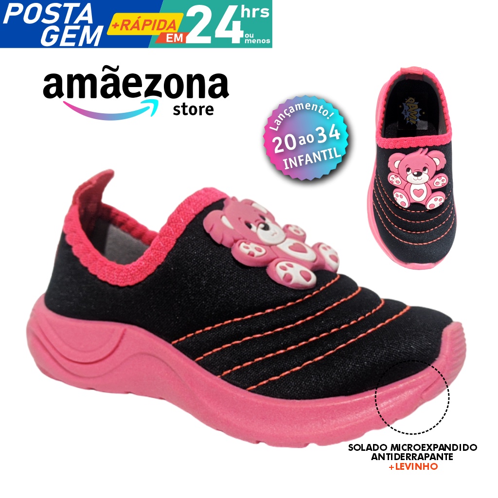 Tênis menina Slip On Barato Casual Personagens emborrachado bordado ursinho rosa pink sola antiderrapante macia em Oferta na Shopee