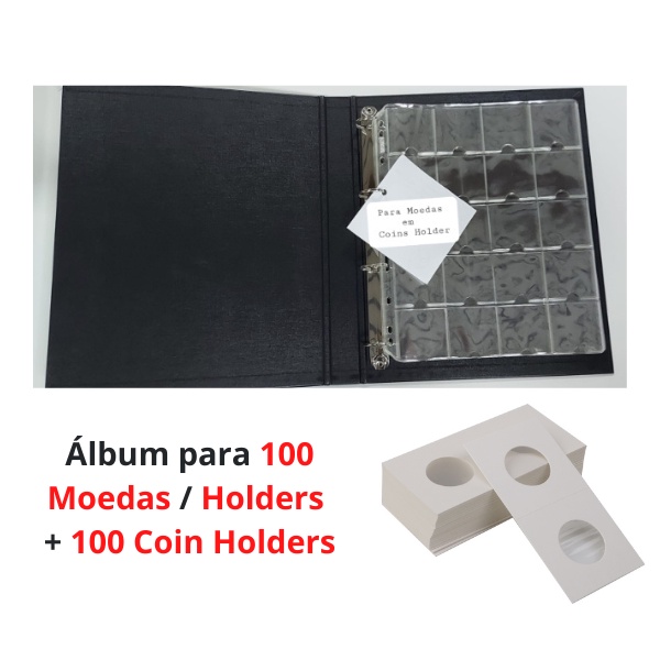 Álbum Médio Simples para 100 Coin Holder + 100 Coin Holders Variados - Pasta Fichário Argola - Folha sem aba
