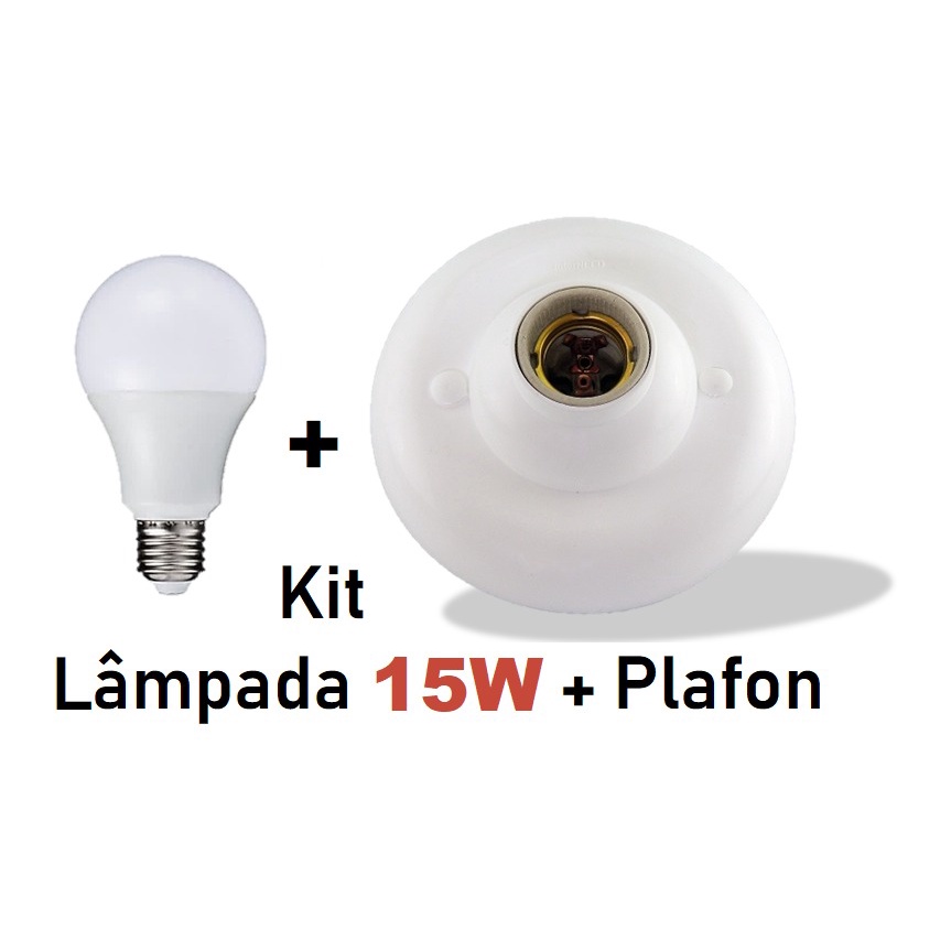 Plafon Branco p/ 1 Lâmpada Soquete E-27 de Porcelana Paflon + Lâmpada Bulbo Led 15W 6500k Branco Frio Sala Cozinha