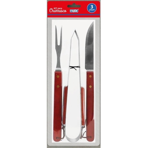 Kit Churrasco Fixxar Essencial Jogo Faca Garfo Pegador 3 Pçs Inox