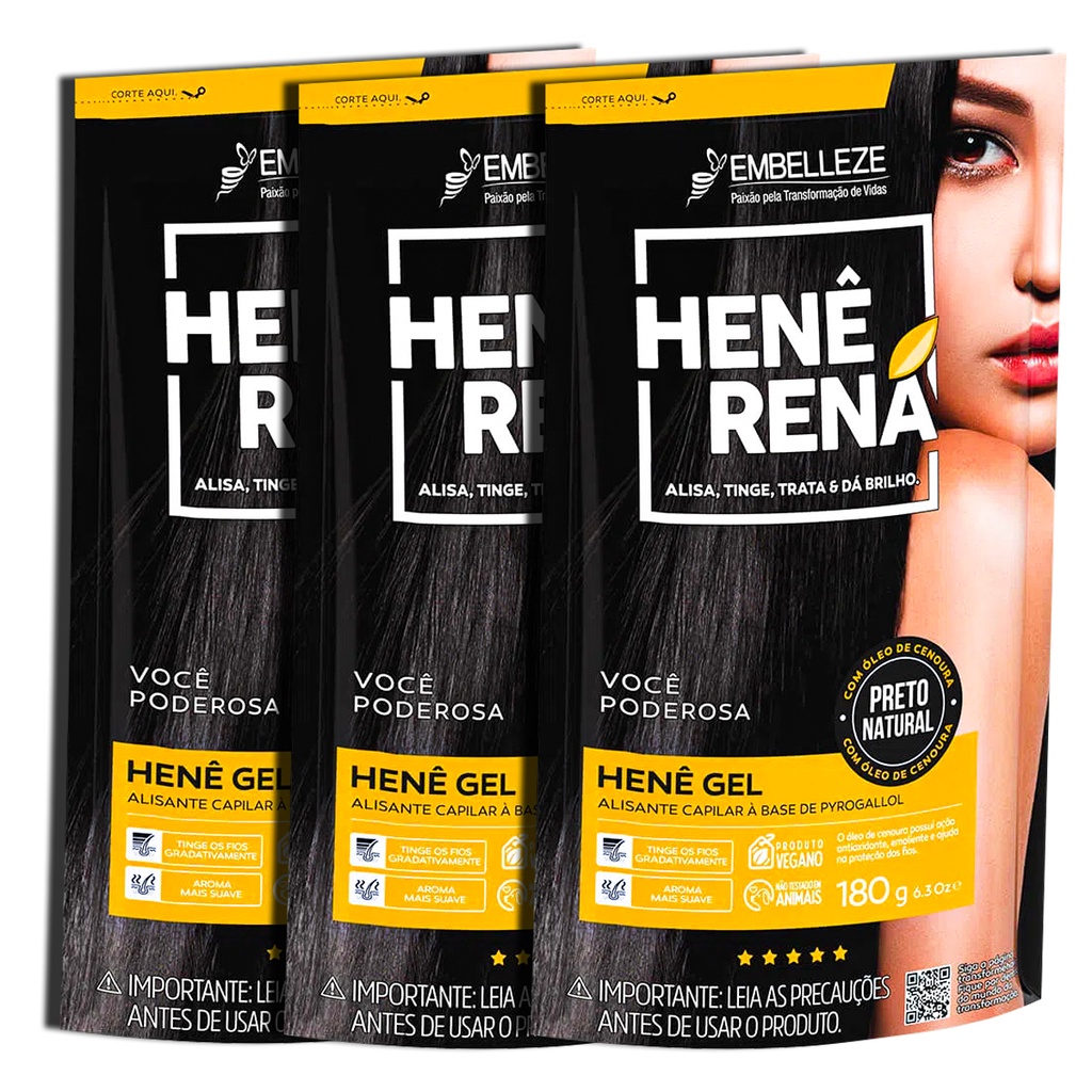 Kit Alisante Henê Rená Preto Natural Pouch 180g Embelleze - 3 Unidades em Oferta na Shopee