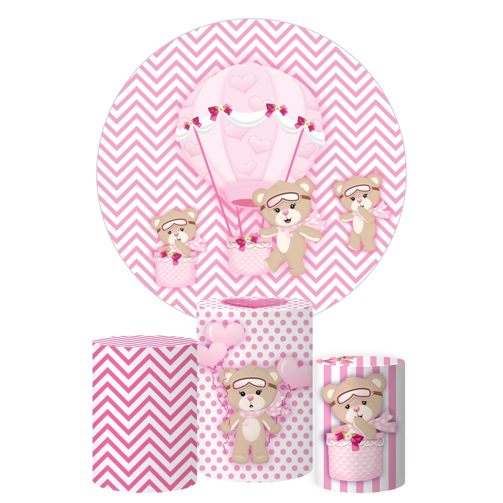 Kit Painel Redondo + Trio Capas Cilindro Ursinha Baloeira Rosa Festa Decoração Tecido Veste Fácil