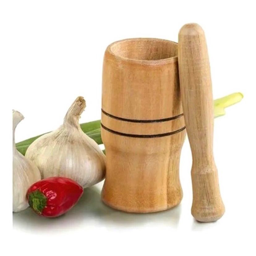 Pilão com socador / bastão de madeira grande para temperos - pote de madeira espremedor de bambu