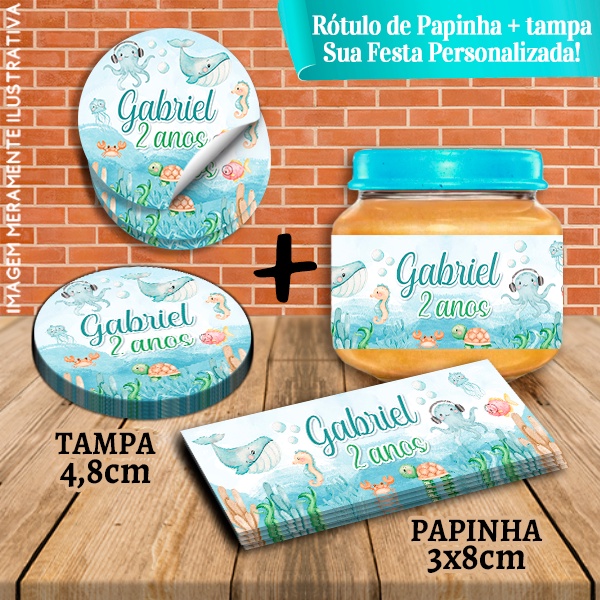 Kit com 10 pares Rótulos Adesivos de Potes e Tampas de Papinha 120g  Fundo do Mar Aquarelado