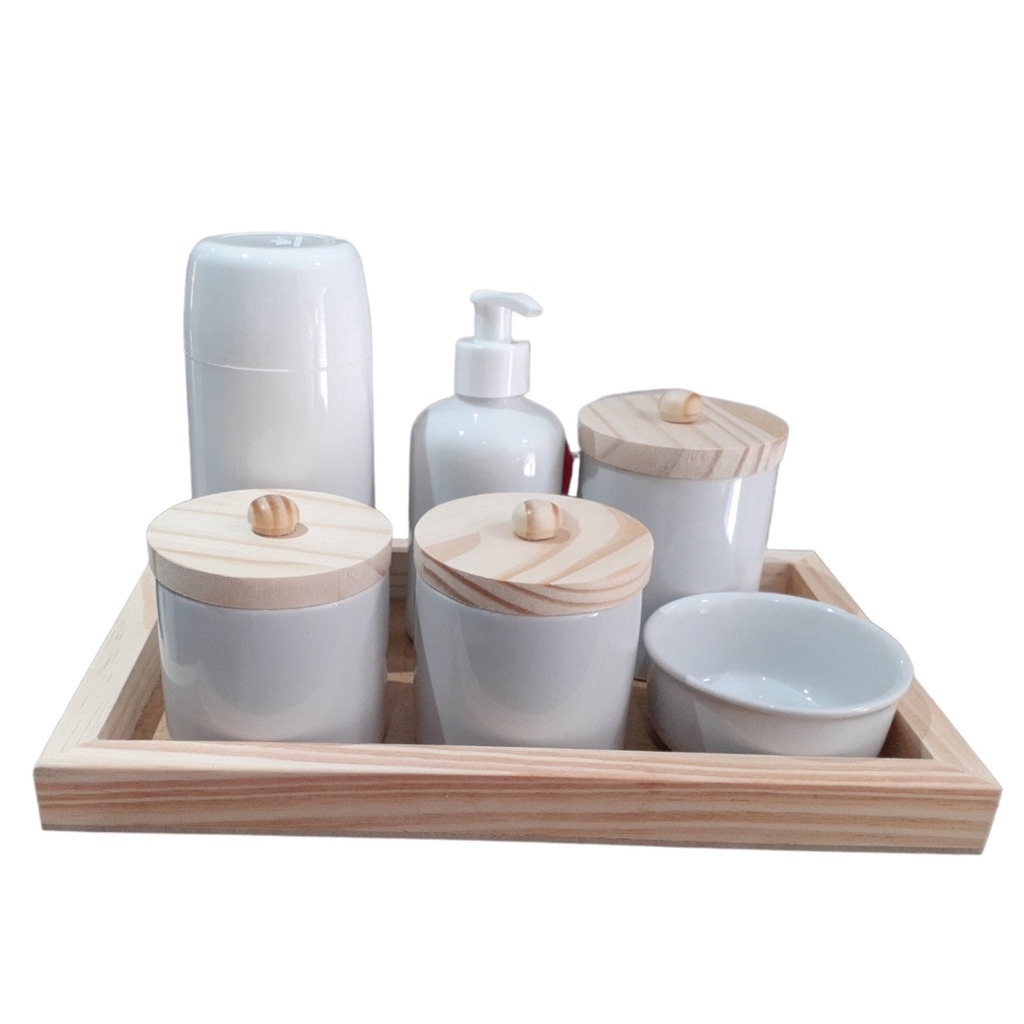 Kit Higiene Bebê Porcelana Completo Menina Menino Maternidade Potes Garrafinha Saboneteira porta algodão cotonete