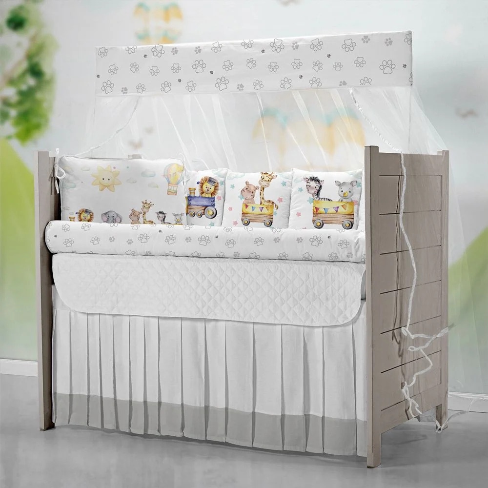 Kit Protetor de Berço Americano Aquarela Trenzinho com Rolinho 12 Peças - MegaLojadoBebe