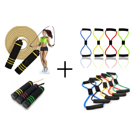 Kit Combo Treino Fitness Exercícios  em Casa Completo – Corda Profissional + Elástico de Resistência