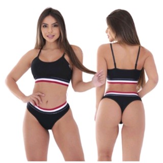 Conjunto Feminino Lingerie Top + Calcinha com Elástico Tricolor em Microfibra