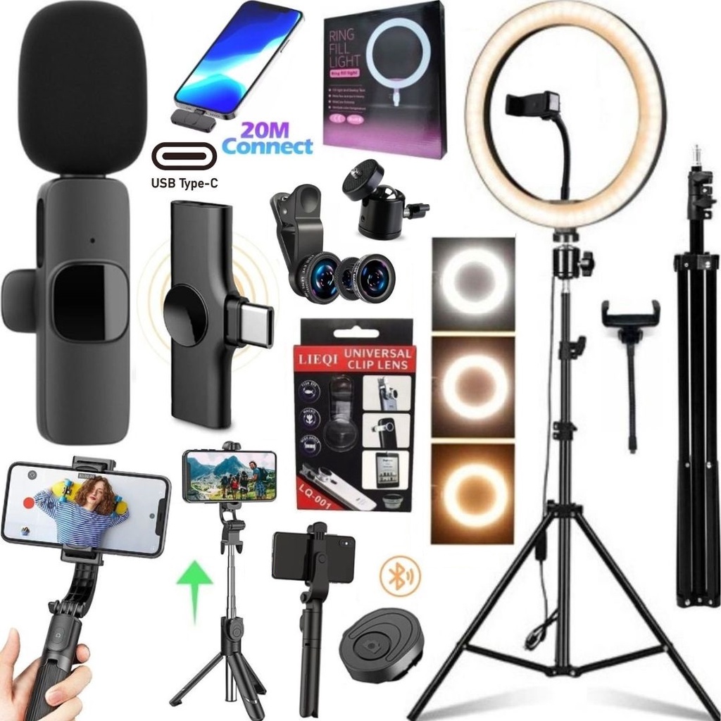 Kit Filmagem Ring Light Tripé Microfone Sem Fio Tipo-c Bastão Vídeo Profissional
