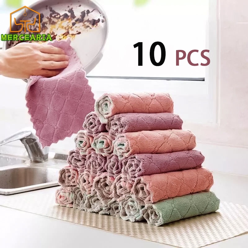 10 pcs Pano Absorvente Anti Óleo Para Cozinha / Toalha De Limpeza De Veludo Cozinha / Toalha De Mesa / Pano De Microfibra