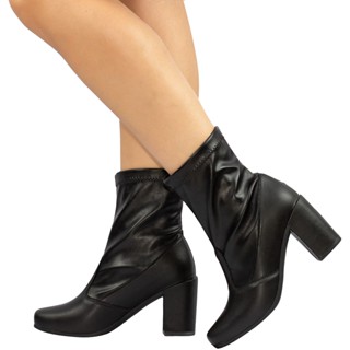 Coturno Feminino Cano Médio Stretch Salto Alto Grosso Bota Bico Quadrado Confortável Macio Fashion Blogueira