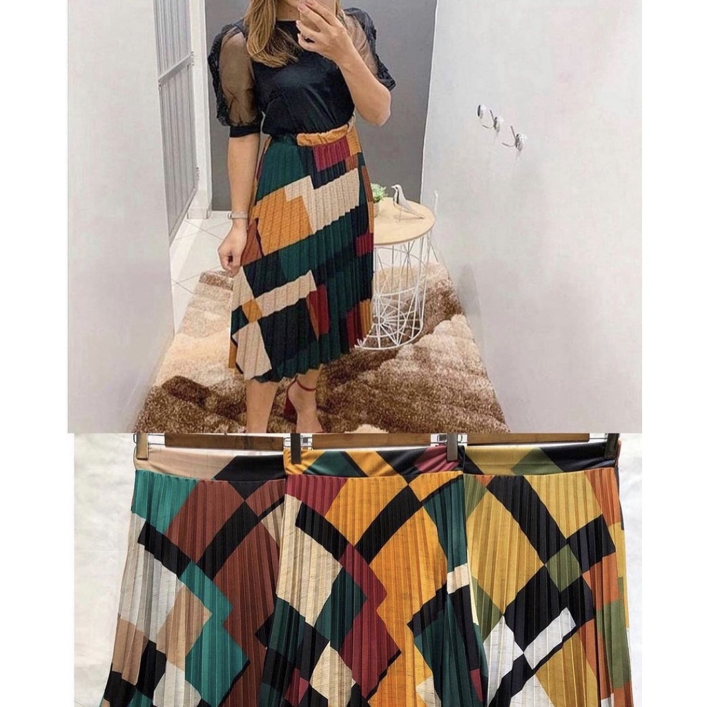 Saia Plissada Midi - Estampas Geométrica - Cintura Alta - Moda Evangélica-00017 em Oferta na Shopee
