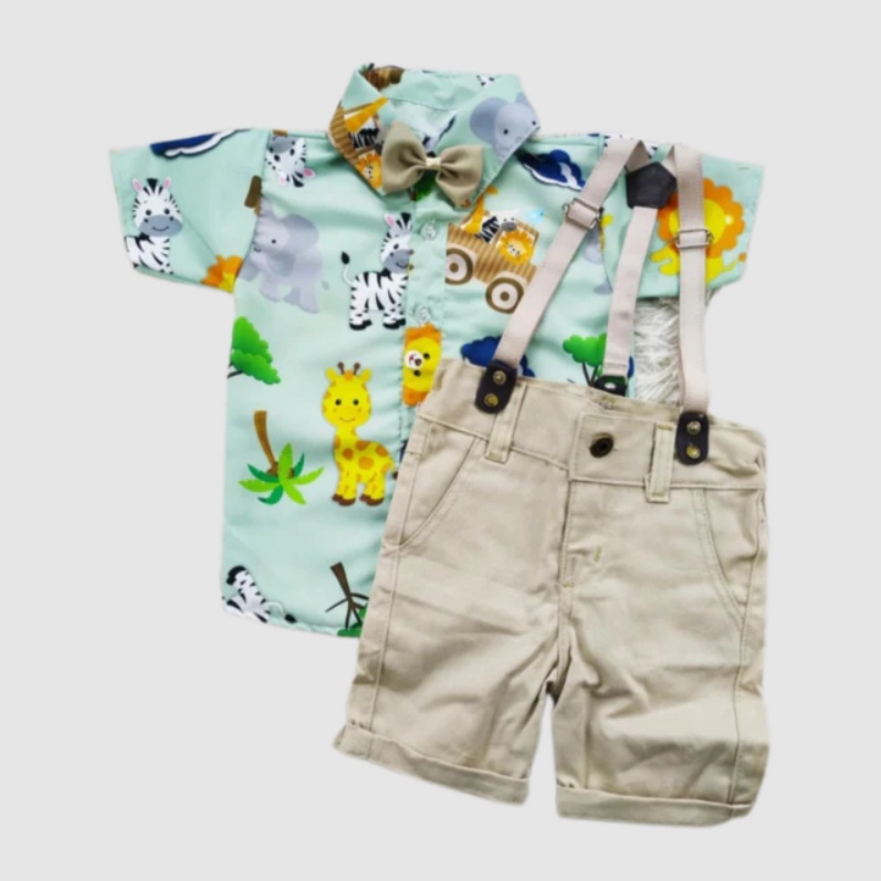 Conjunto Temático Safari Baby Roupa de menino, conjunto infantil Blusa gravata e suspensório roupa de aniversário