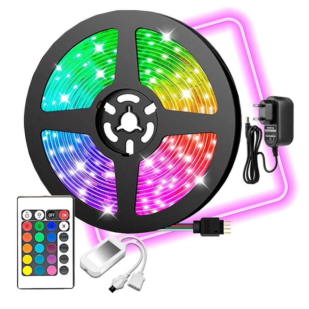 Fita RGB Led Colorida 5m + Controle  300 Led Decoração Casa Loja Gesso Teto Sanca Vitrine