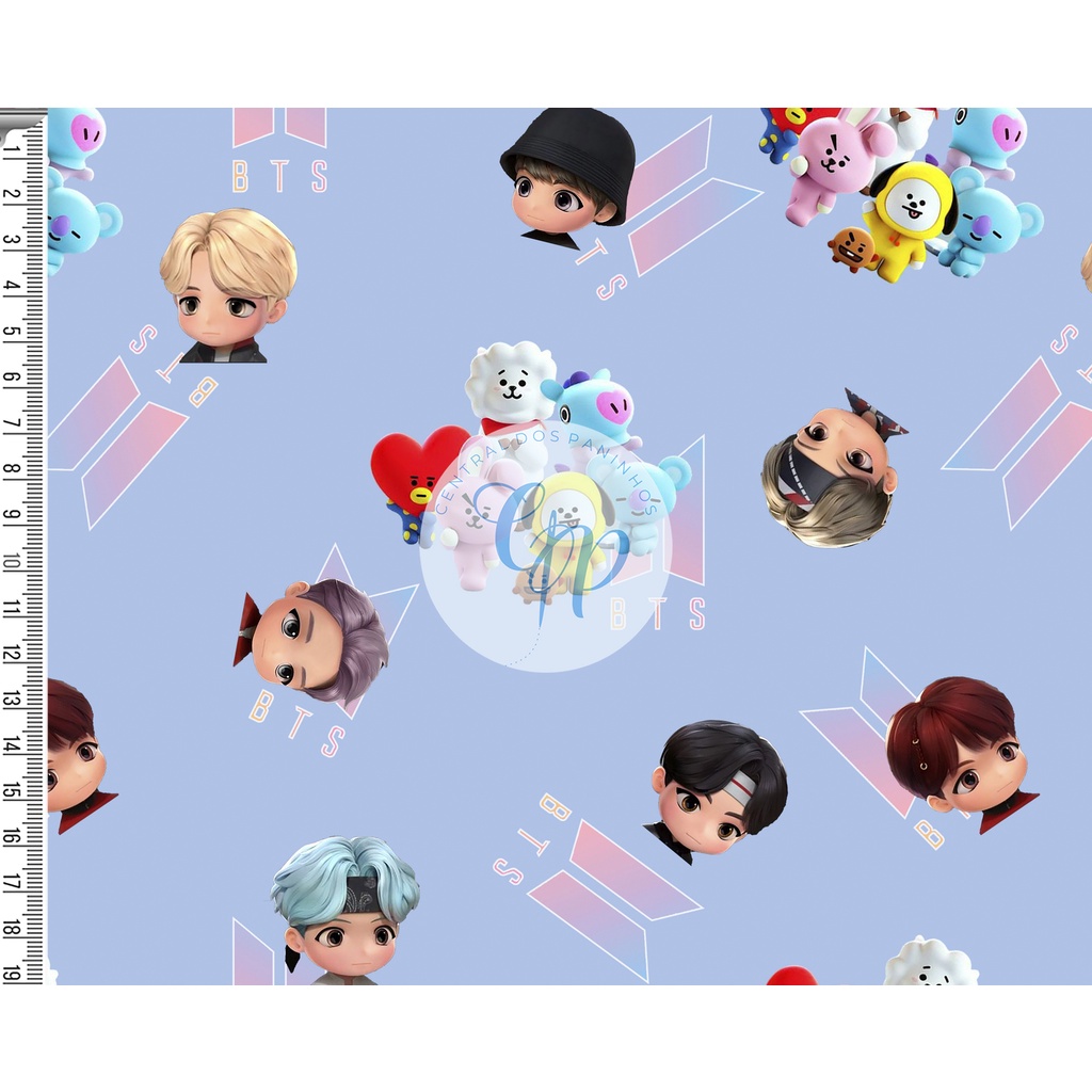 Tecido tricoline, microfibra ou gabardine - BTS - Funko - fundo azul - 0.50 cm em Oferta na Shopee